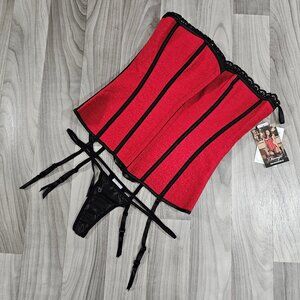 Dreamgirl Y2K Red Black Reversible Strapless Jacquard Corset with Thong, Size 36